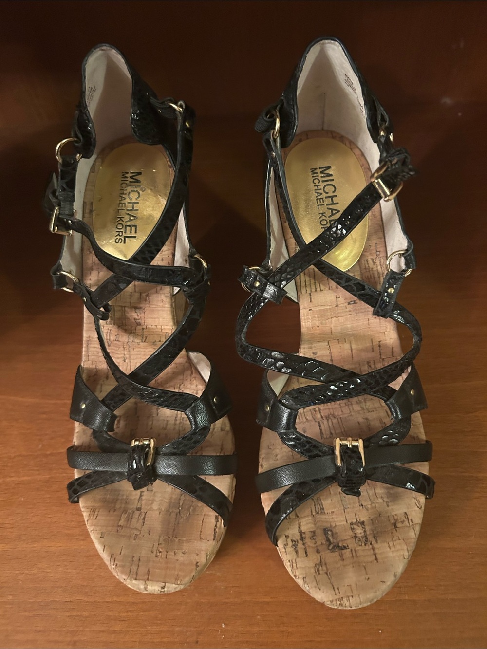 Michael Kors Black Strappy Cork Wedge Sandals with Gold Accents